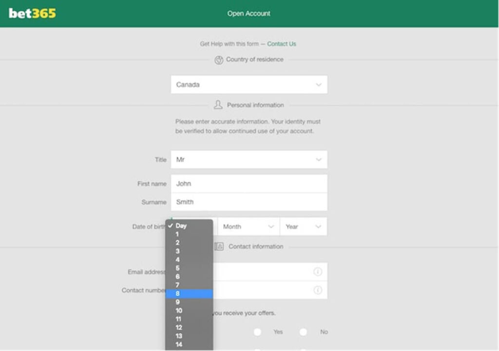 Bet365 - Open an account form